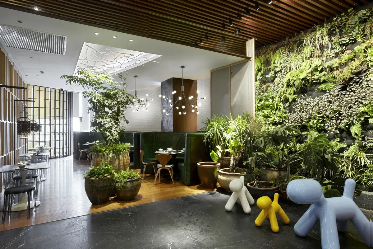 Iluminación decorativa colgante en un espacio comercial de hotelería