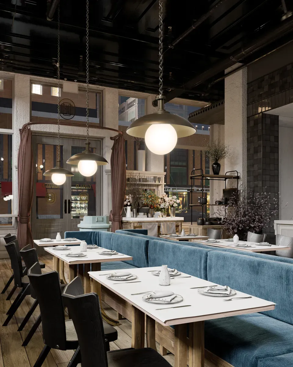 Comedor de restaurante con colgantes decorativos y ambiente cálido
